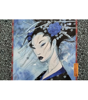 Estampe pigmentaire "Portrait geisha bleue" Olivier Ledroit