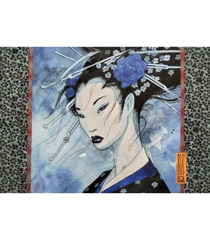 Estampe pigmentaire "Portrait geisha bleue" Olivier Ledroit