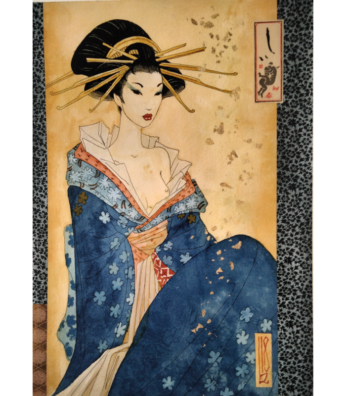 Estampe pigmentaire Geisha bleue Olivier Ledroit