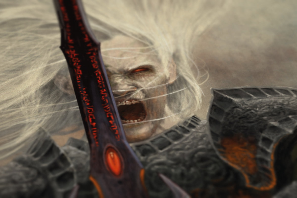 Gros plan sur une illustration d'Ezer Vilela : Elric de Melniboné brandissant Stormbringer